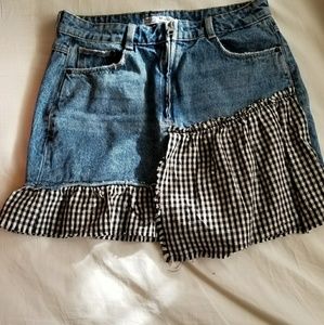 zara denim and plaid gingham skirt
